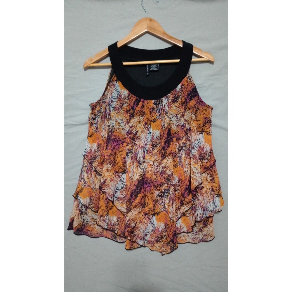 New Directions Top Womens M Sleeveless Layered Blouse Multicolor Abstract Flowy